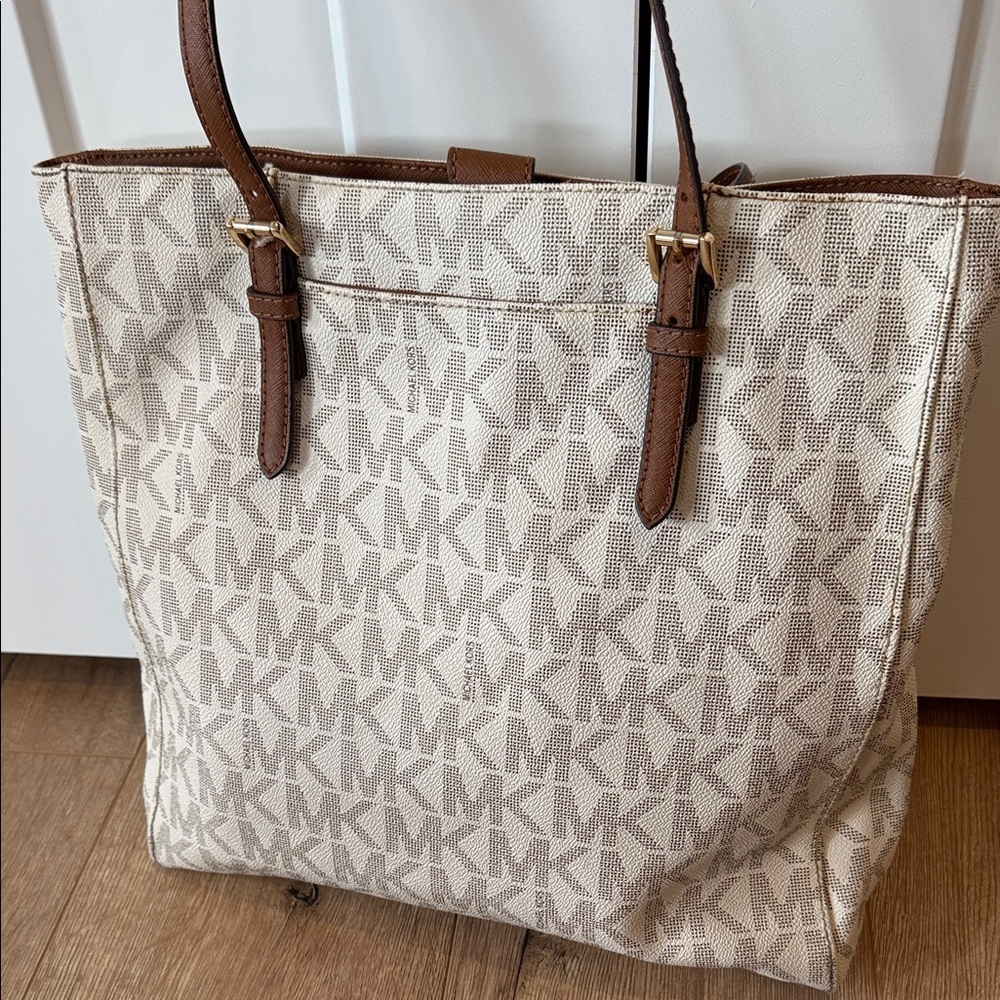 Michael Kors Cream and Brown Tote Bag coated leather gold purse handbag MK - Picture 6 of 11